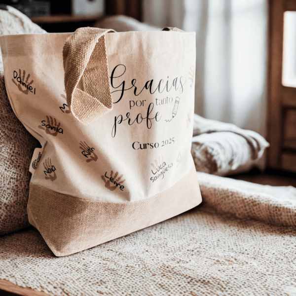 Bolso personalizado para profes con los nombres de los alumnos y sus manos
